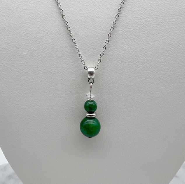 Green Agate & Swarovski® Austrian Crystal Platinum Plated Pendant Necklace