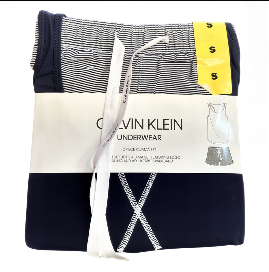 CALVIN KLEIN Women's 2pc Pajama Set, Size S, Cotton/Elastane, Navy/White