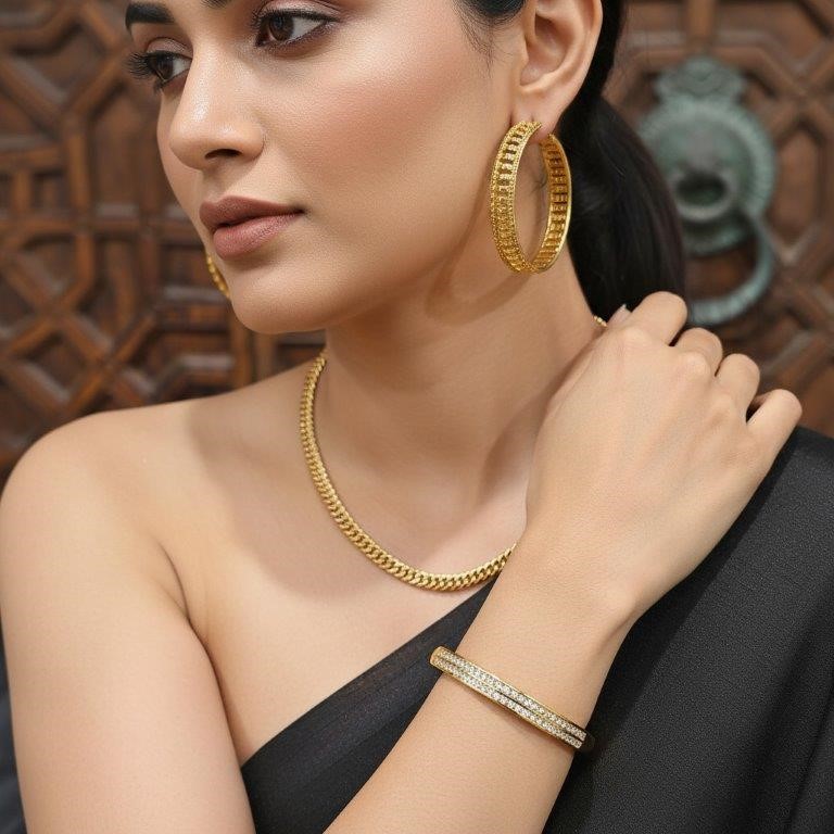 3pcs x 18KGF/Italy Stamped Yellow Gold Filled Chain & Bangle & Earring