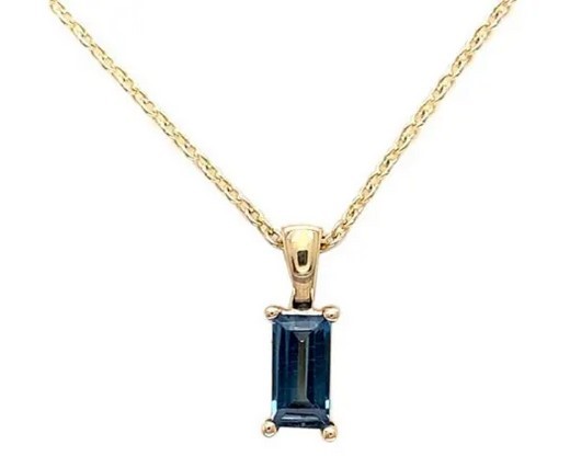 9K YELLOW GOLD LONDON BRACELETUE TOPAZ BAGUETTE NECKLACE 45cm
