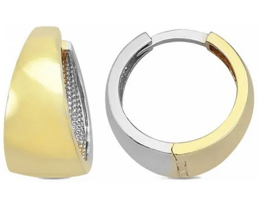 9K Yellow Gold &amp; WHITE GOLD TAPERED HUGGIE EARRINGS 14mm