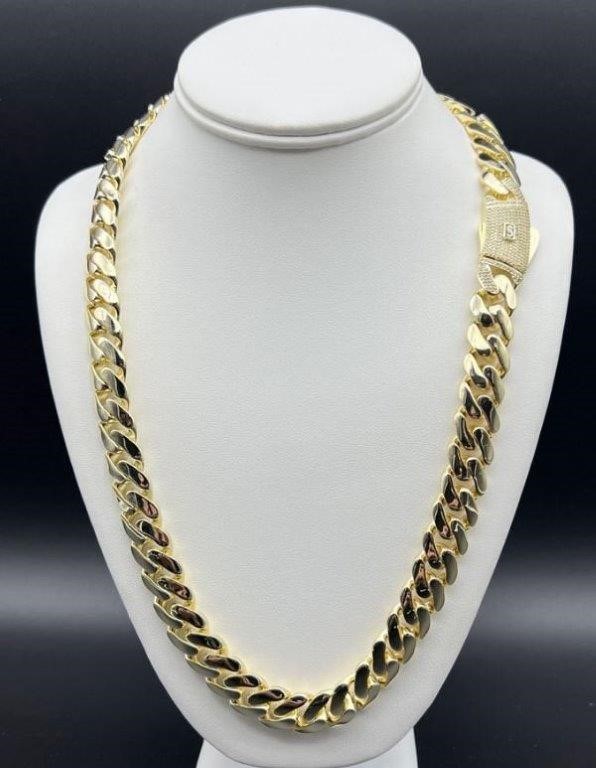 18K/Italy Triple Solid Yellow Gold Plated Cuban Chain -50cm-14mm
