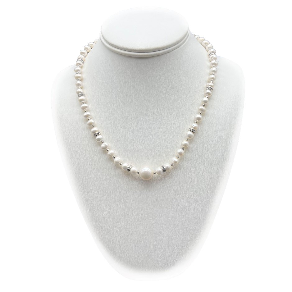 Large Central 13mm White Pearl & Rhinestone Platinum Plated Necklace
