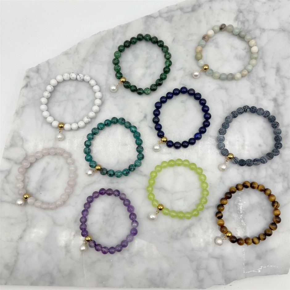 8mm Gemstone & Pearl Charm with Gold Spacer Bracelets - 10 Pcs