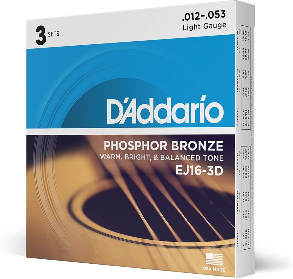 D'Addario EJ16-3D Phosphor Bronze Acoustic Guitar Strings, Light, 3 Sets