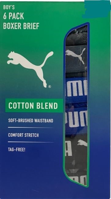 6 PACK PUMA Boy's Boxer Brief Cotten Blend, Size XL, Assorted Colours