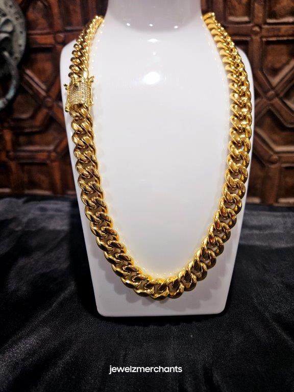 Italy 18K Triple Yellow Gold Plated Cuban Chain (18KGP/Italy) 60cm-14mm