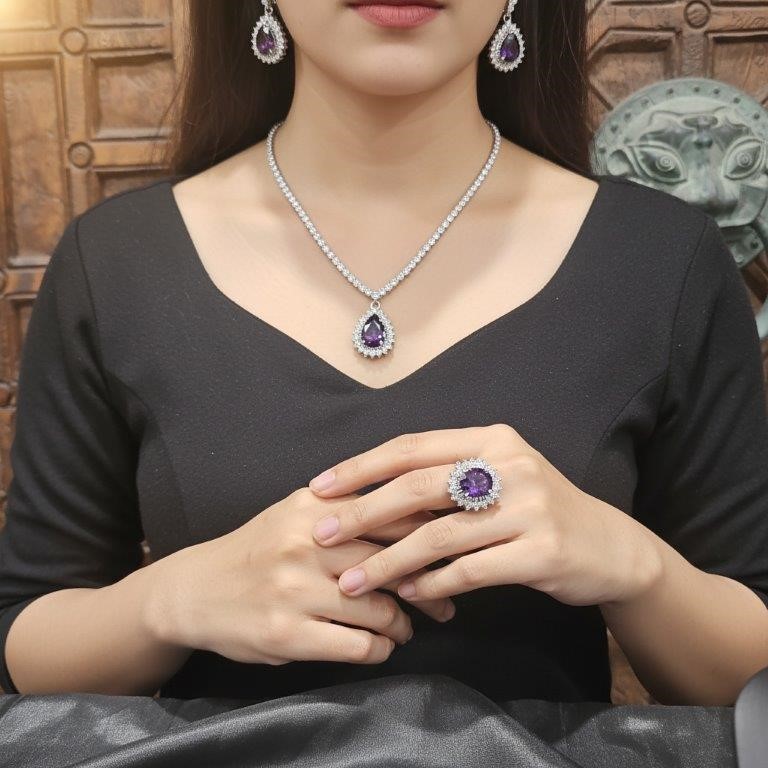 3pcs x 18K Stamped White Gold Filled Ring & Earring & Necklace