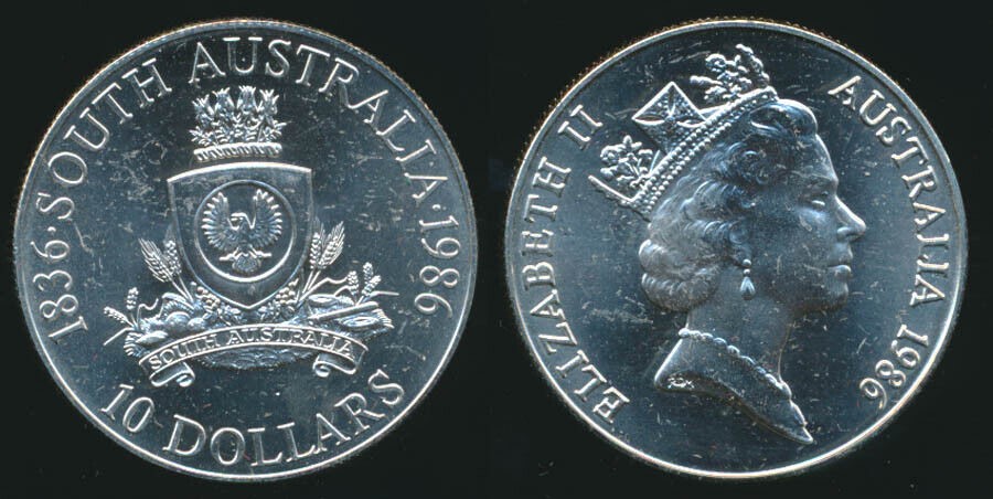 Australia: 1986 $10 South Australia Sterling Silver UNC, State Series
