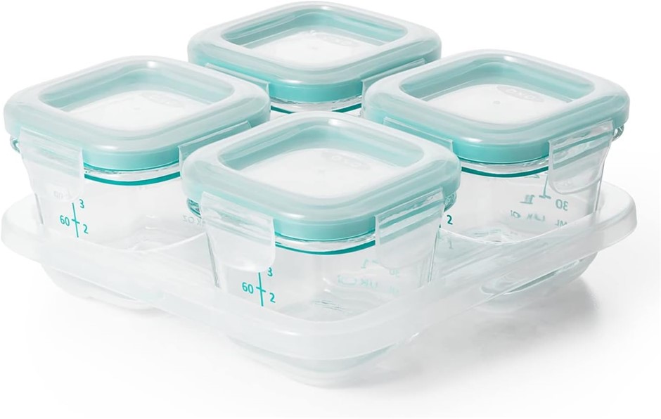 OXO Tot Glass Baby Blocks Food Storage Containers, Teal, 4 oz, 5 Piece Set.