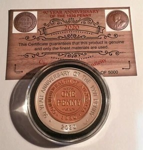 2020 "90 Year Anniversary of The 1930 Penny" 43mm Coin Limited to 5000 COA