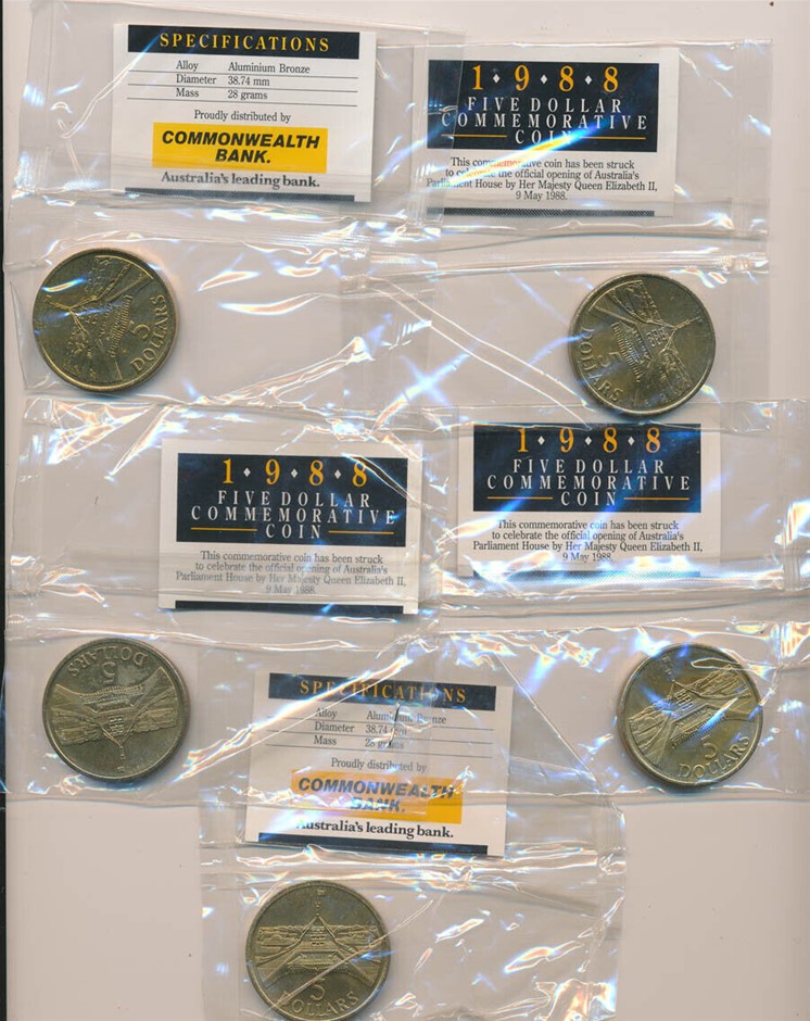 Australia:1988 $5 Parliament House, Lot of 5 LARGE Commonwealth Bank Packet