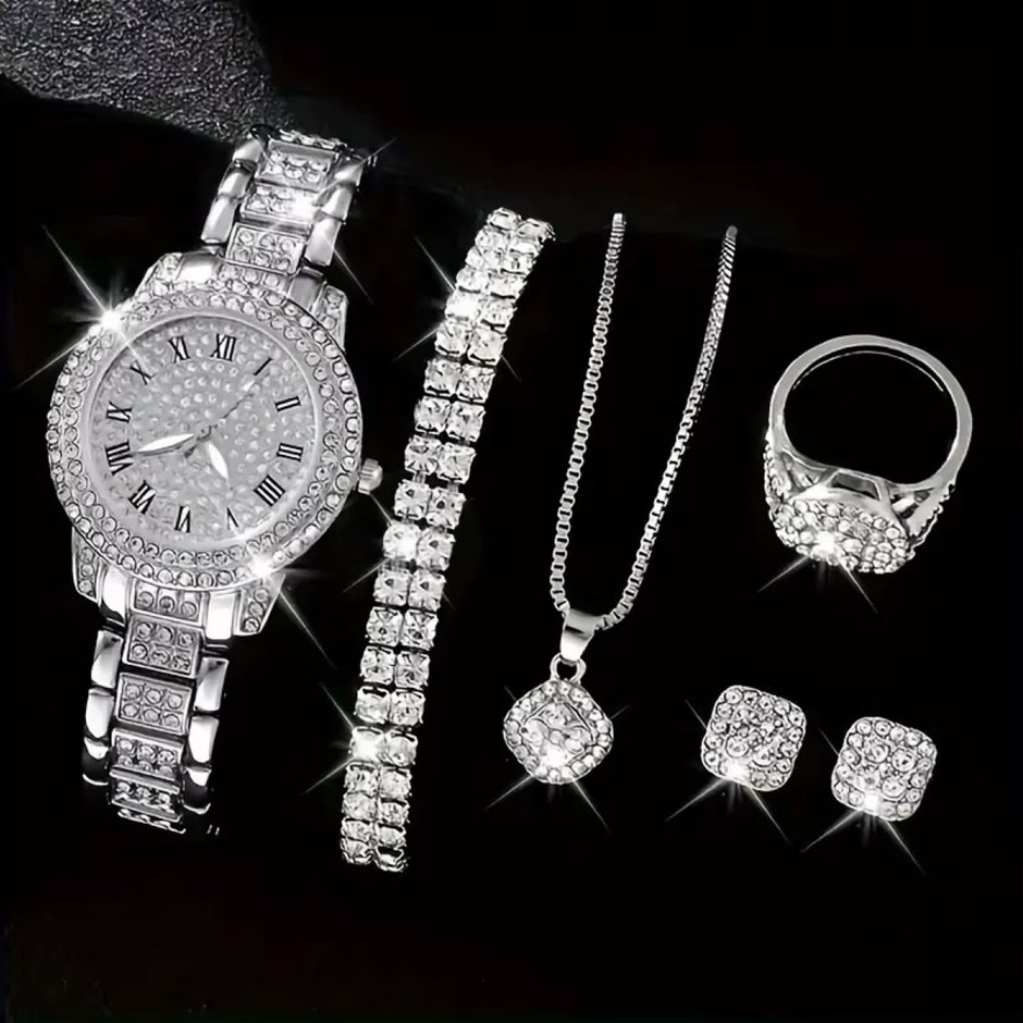 Luxury Elegant Wrist Watch &amp; 5PCS Crystal Jewellery Iced Out Set