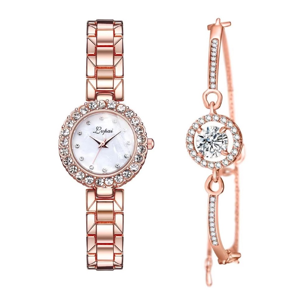 Fashionable Crystal Quartz Watch and Bracelet Set, Rose Gold