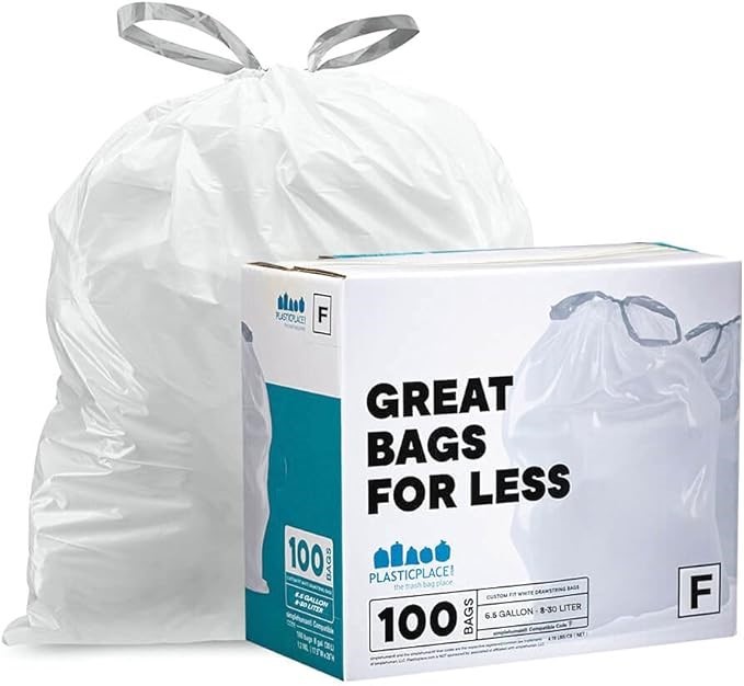 PLASTICPLACE 100 Count, White Drawstring Grabage, Liners 25 Liter, 21.75" x
