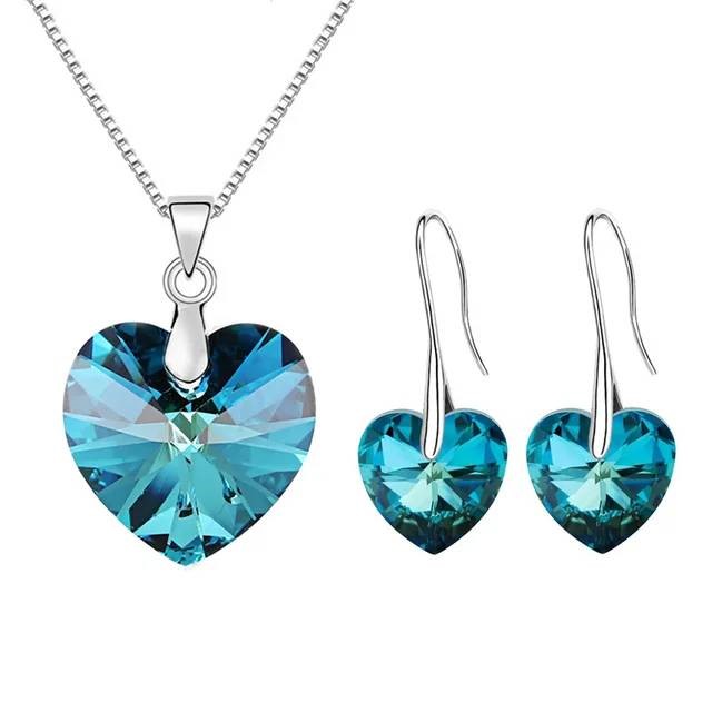 Designer Blue Green Love Heart Necklace & Earring Set in Silver