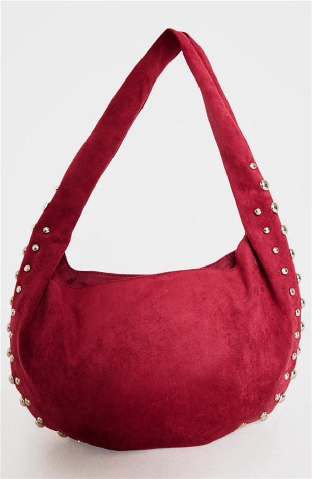 Burgundy Faux Suede Studded Shoulder Bag