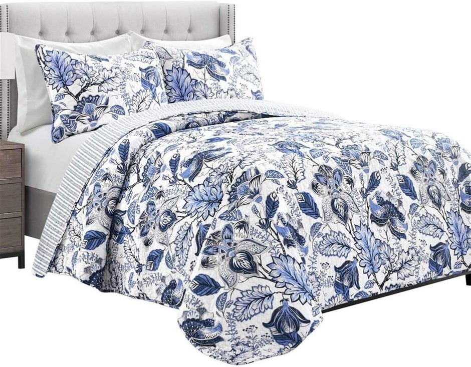 LUSH DECOR Cynthia Jacobean Quilt 3 Piece Reversible Bedding Set, King Bed,