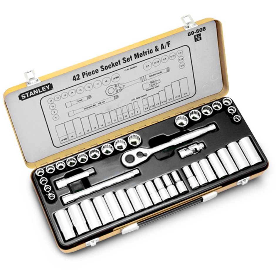 STANLEY 42 Piece Socket Set, 3/8" Drive Met/ AF. NB: Missing Ratchet Handle