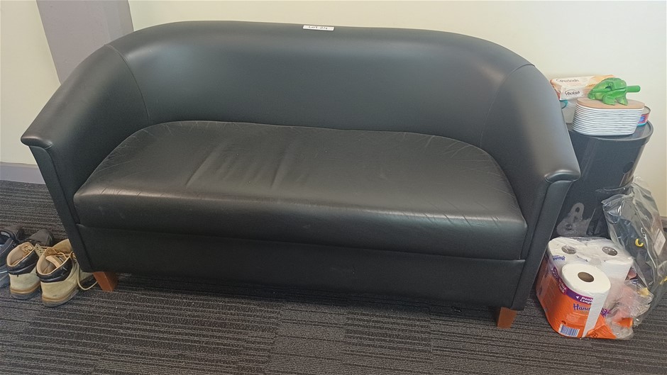2 Seat Black Leather Lounge On 4 Timber Legs