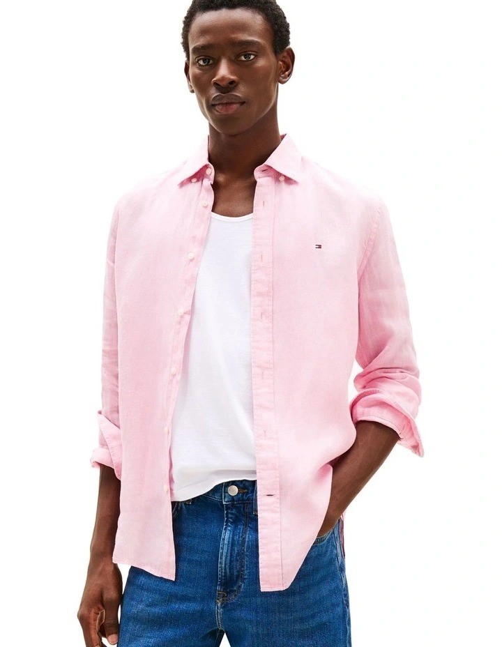 TOMMY HILFIGER Pigment Dyed Pure Linen Shirt, Size M, Regular Fit, Pink Cry