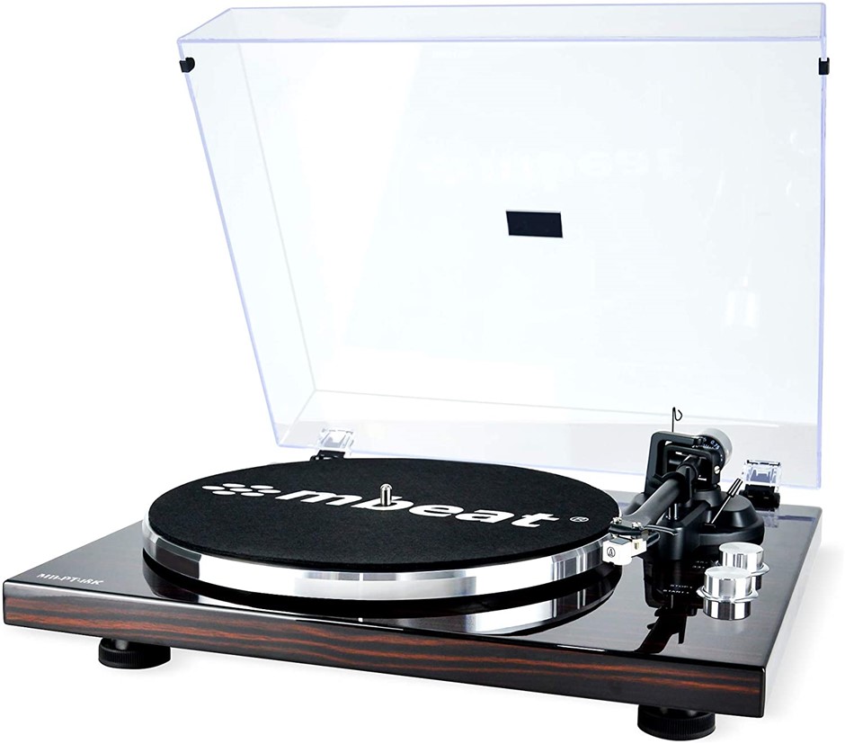 MBEAT Bluetooth Turntable with Built-in Preamplifier, Dark Wood, MB-PT-18K.