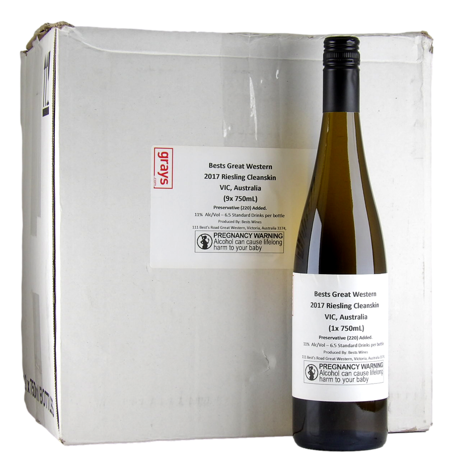 Best`s Wines Great Western Cleanskin Riesling 2017 (9x 750mL), Grampians