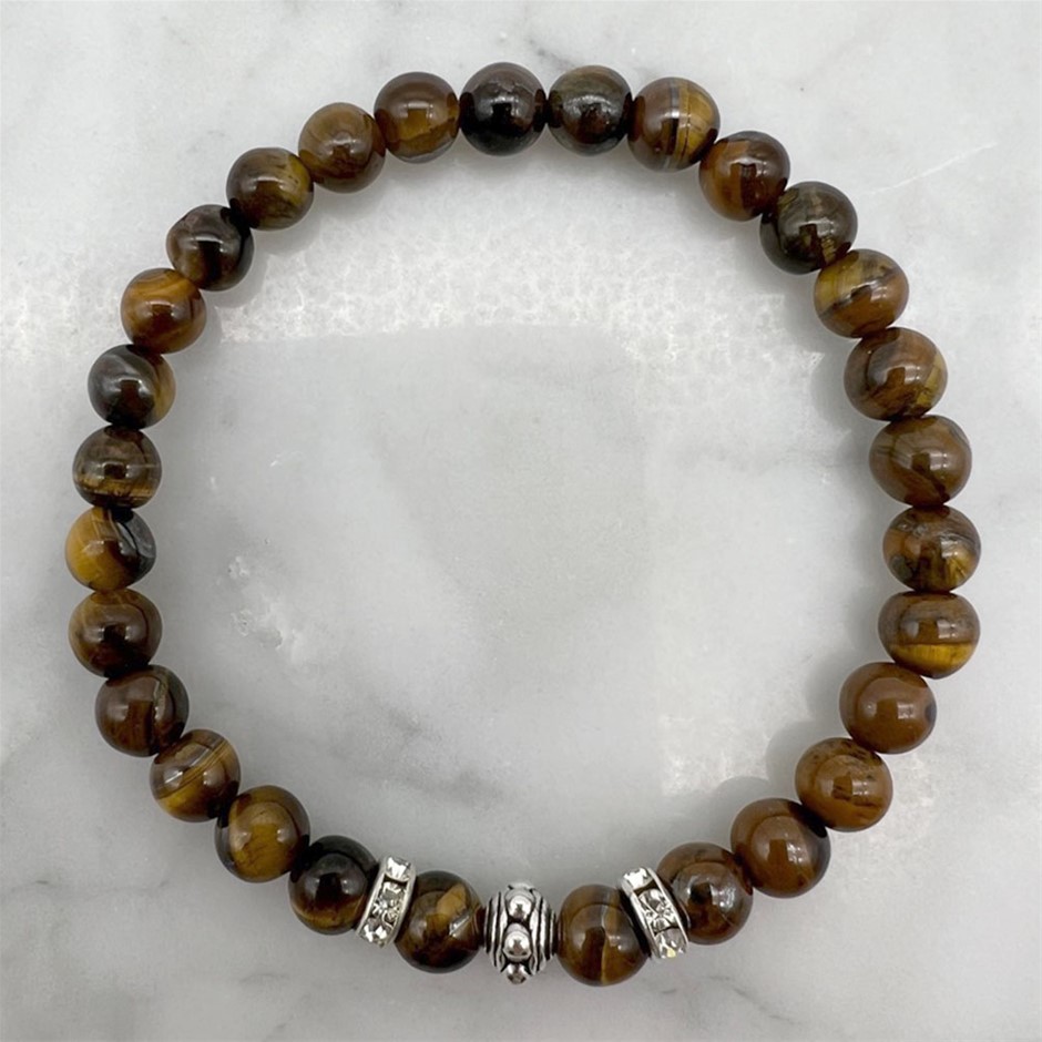 6mm Tiger Eye & Rhinestone Stretch Beaded Bracelet