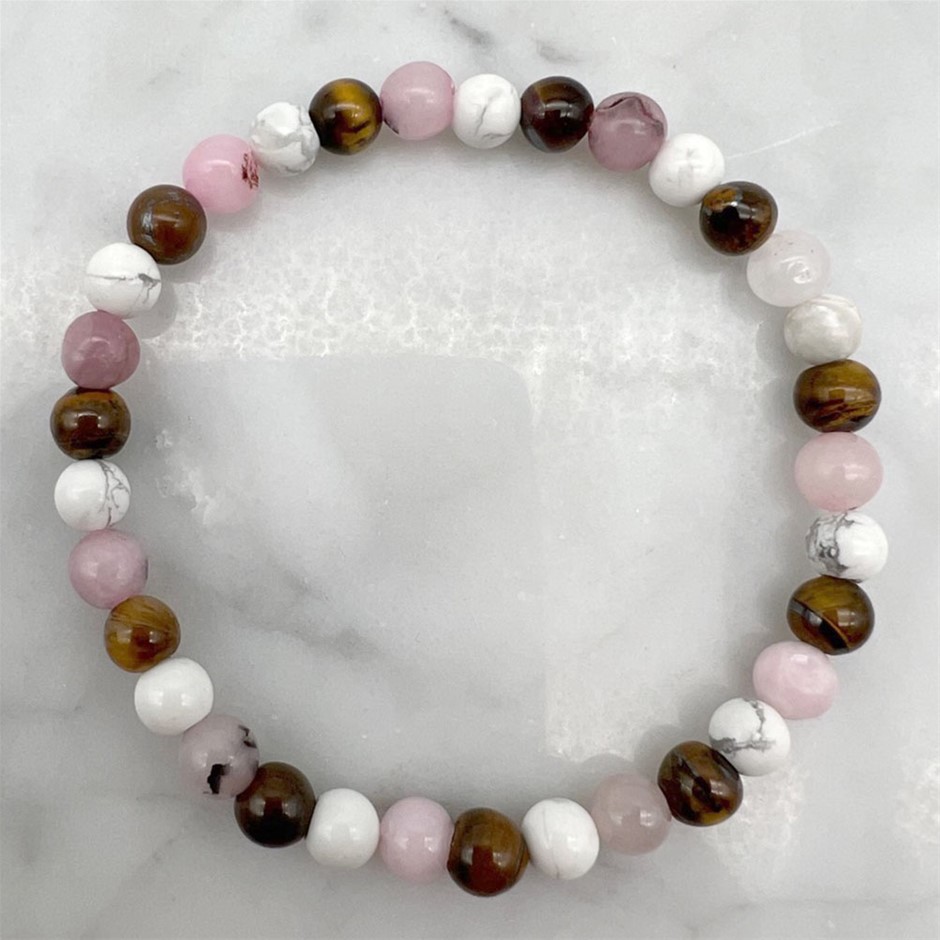 6mm Cherry Blossom Jasper, Howlite & Tiger Eye Stretch Beaded Bracelet
