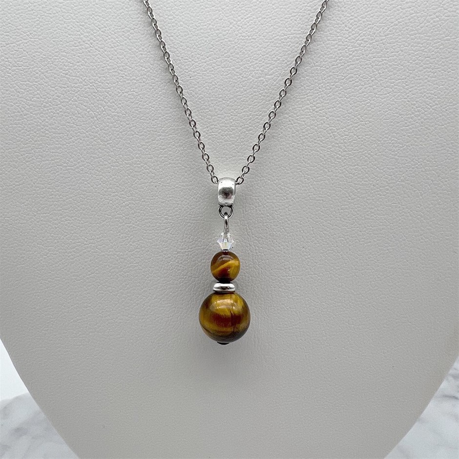 Tiger Eye & Swarovski® Austrian Crystal Platinum Plated Pendant Necklace