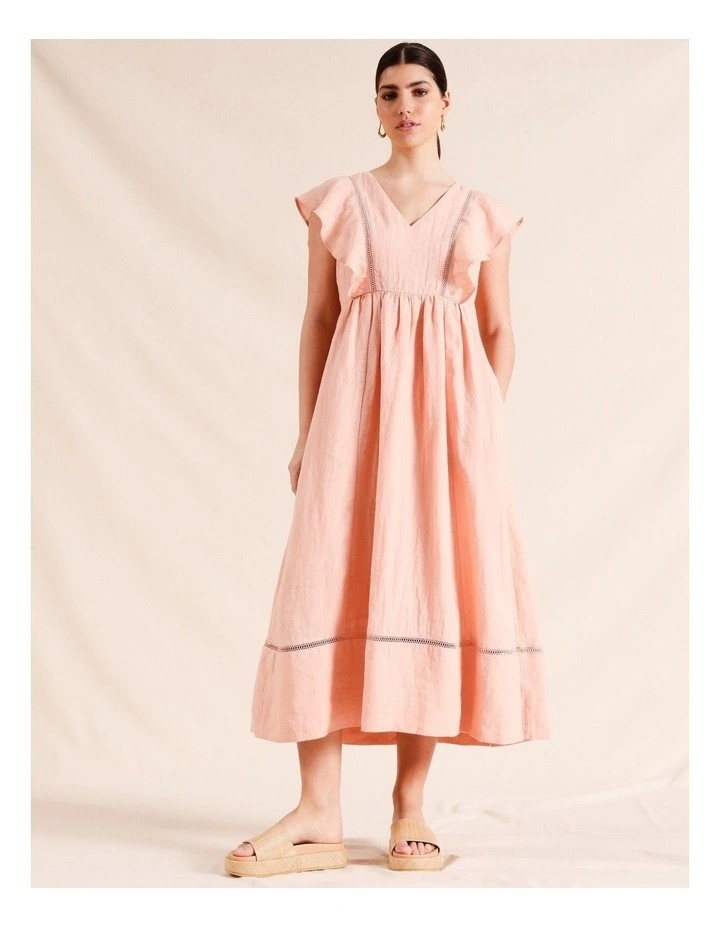 PIPER Ruffle Sleeve Linen Maxi Dress. Size 14. Dusty Pink. RRP: $179.95. NB