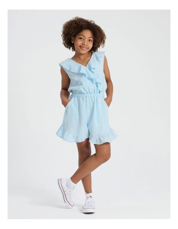 TILLI Girls Textured Cotton V Neck Frill Playsuit. Size 10. Light Blue. NB: