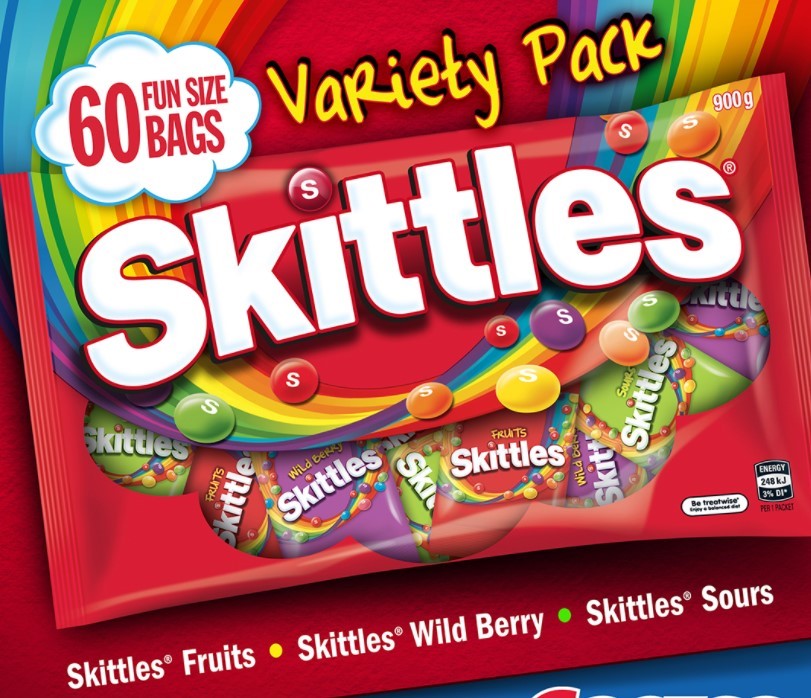 2 x SKITTLES 60pc Variety Pack, Fun Size Bags, 900g. N.B. Damaged packaging
