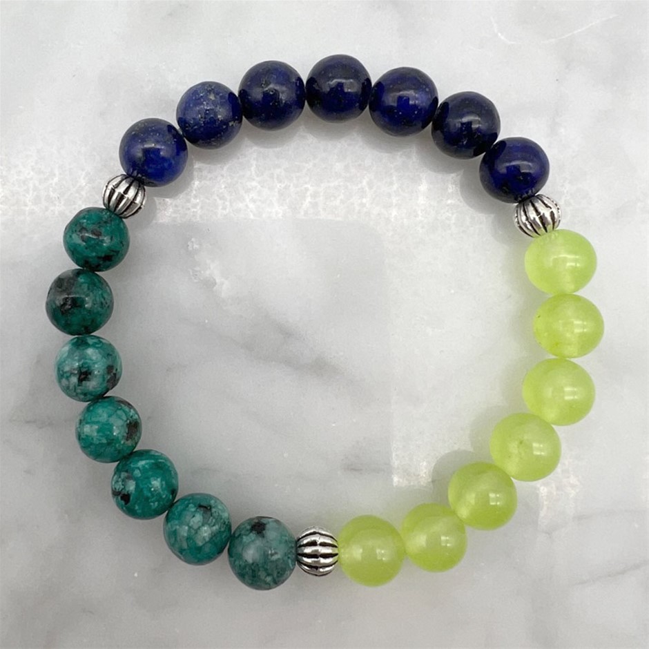 Lapis Lazuli, African Jasper & Light Green Jade Stretch Beaded Bracelet