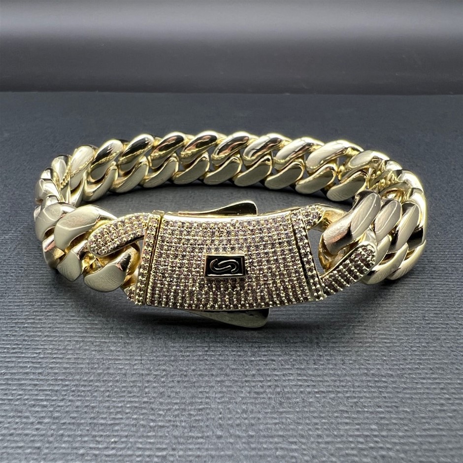 14K Gold-Filled Solid Cuban Bracelet, Simulated Diamonds,15MM Wide - 22.8cm