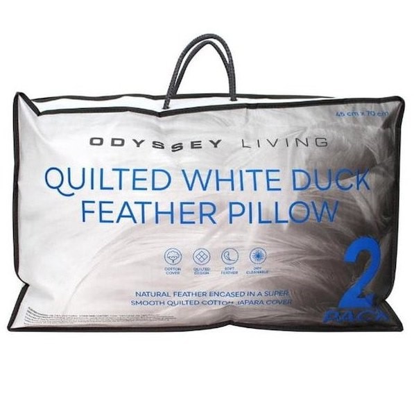 ODYSSEY LIVING 2 Pack Quilted White Duck Feather Pillow, 45 x 70cm.