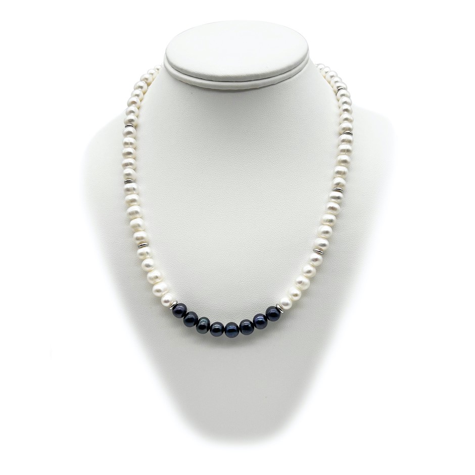 Luxury 7-8mm White & Black Pearl with Real Platinum Plated Necklace