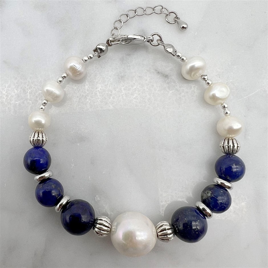 Large Central 13mm White Pearl, Lapis Lazuli Platinum Plated Bracelet.