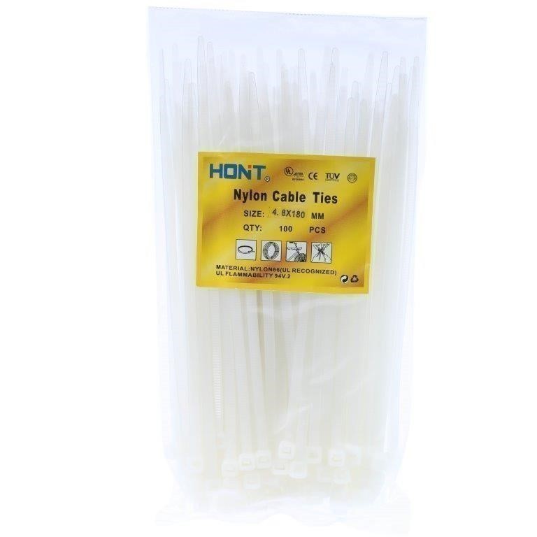 5 Packs Of Cable Ties Each 100pcs, 4.8mm x 225mm, White.