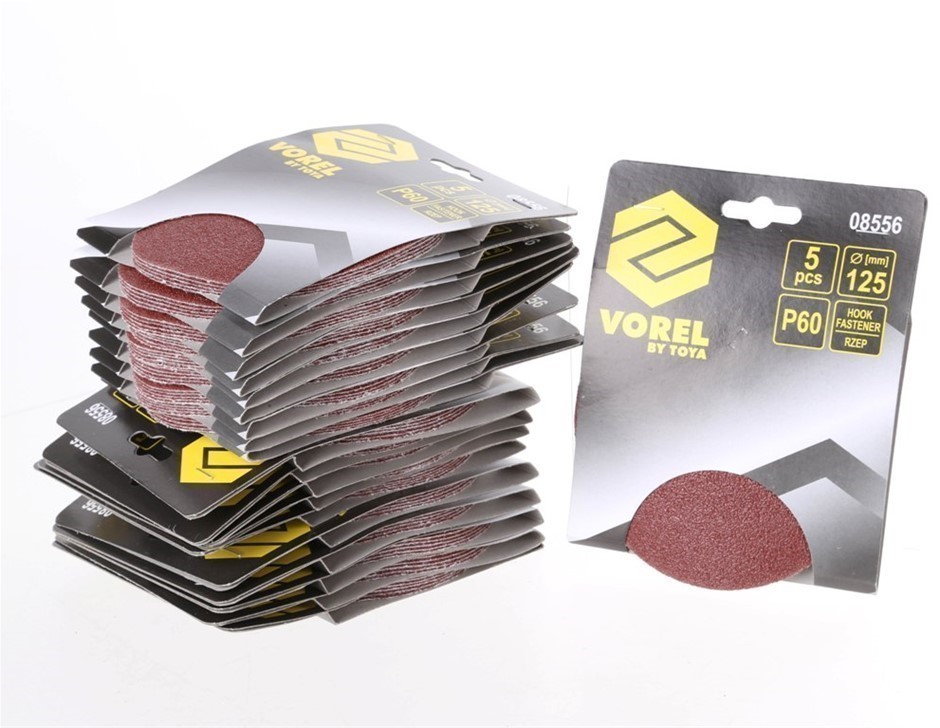 20 Packs of 5 VOREL Sanding Discs 125mm, Grit P60, Hook Fastener.