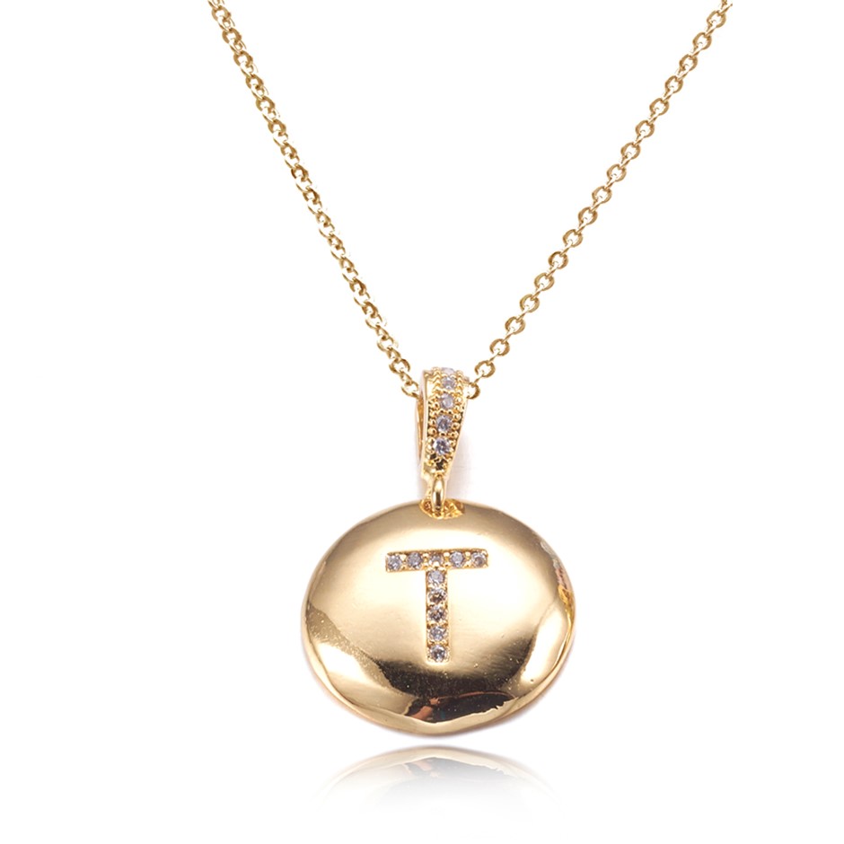 Letter 'T' Gold Plated with CZ Pendant Necklace