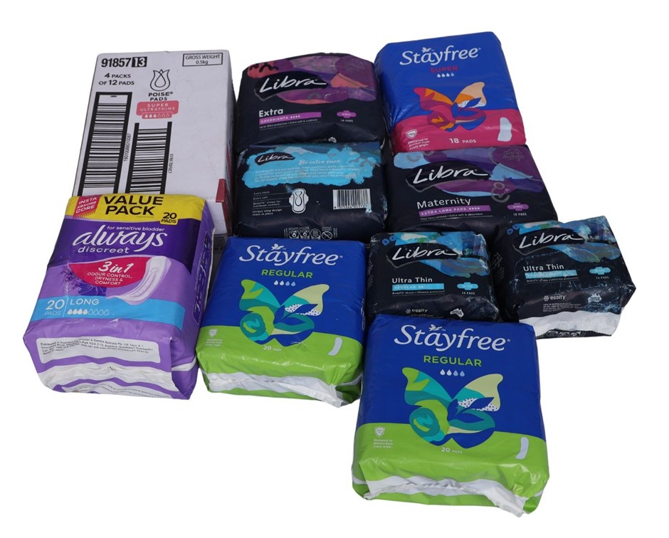 10 x Assorted Hygiene Pads Packs, Incl: LIBRA, STAYFREE & More. N.B: Damage