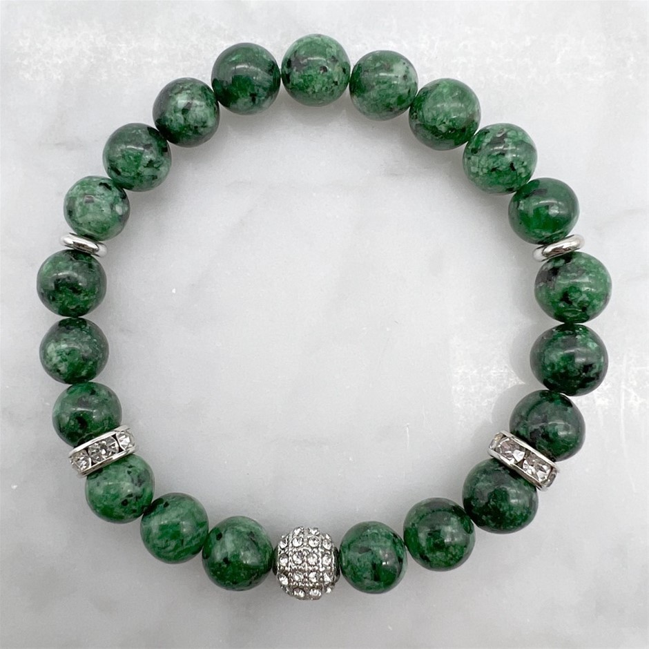 8mm Dark African Jasper with Rhinestones Platinum Plated Beaded Bracelet