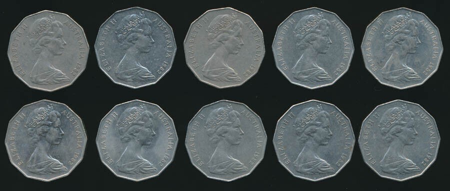 Australia: 1982 Commonwealth Games 50c. Lot of 10