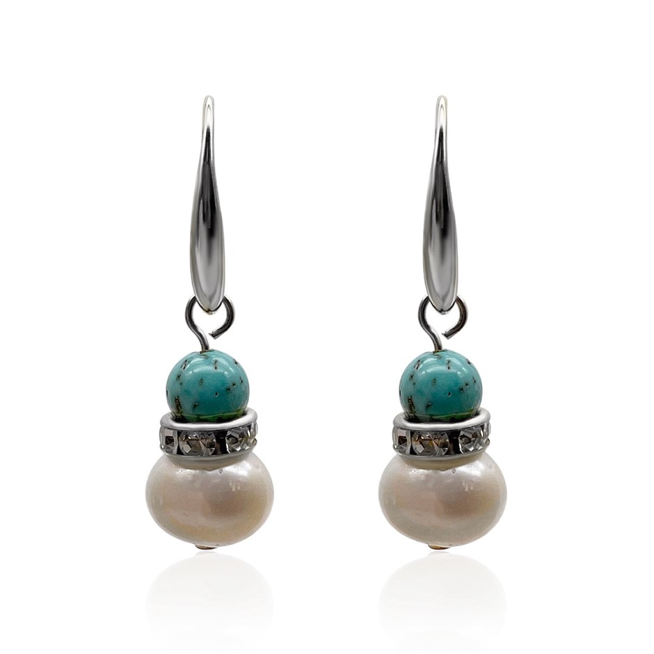 Turquoise & Freshwater Pearl Platinum Plated Drop Earrings