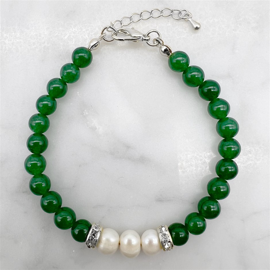 7-8mm Pearl & Green Aventurine with Real Platinum Plated Bracelet