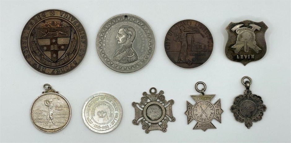 9 x Asstd AU Historical, Academic, Sports and Other Medallions & Fobs