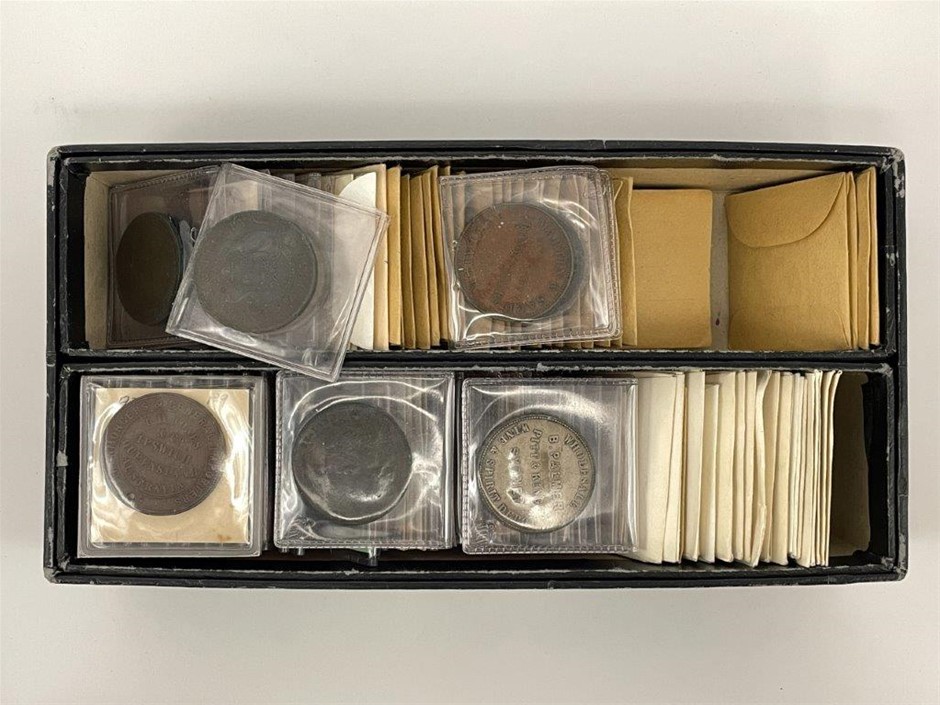 Box of Approx. 133 x Assorted AU & NZ Tokens C. 1800s-1900s