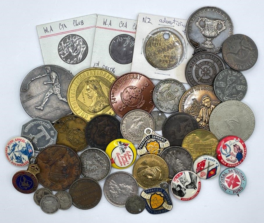 Approx. 39 x Asstd AU Historical medals, coins & pins, c. 1824-1978