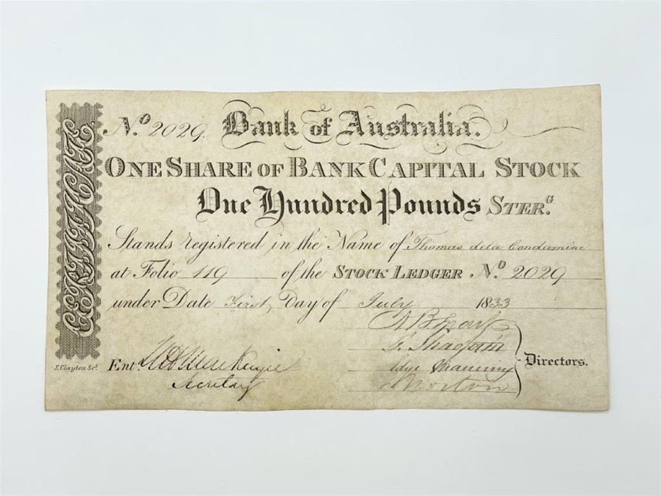 Bank of Australia, One Share of Bank Capital Stock, First July 1833